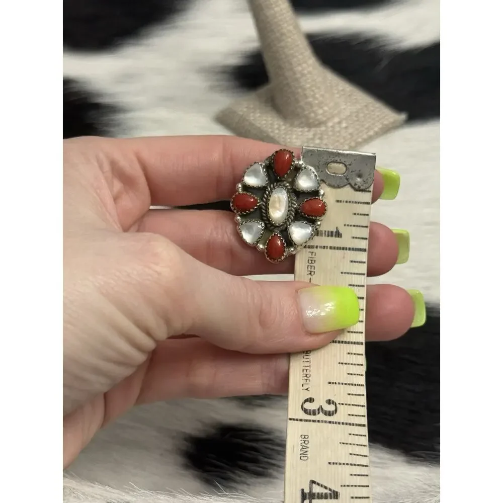 Native American Sterling Silver Red Coral Mother Of Pearl Cluster Flower Ring